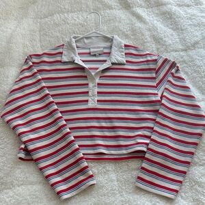 Reformation Red, White & Blue Striped Cropped Polo Sweatshirt